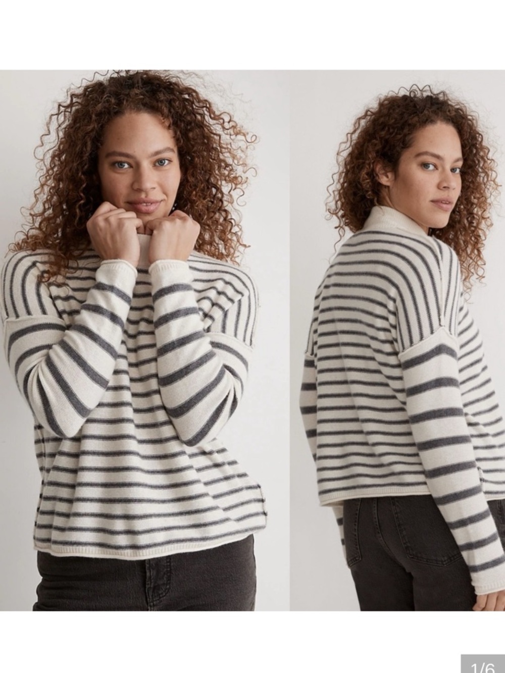 Madewell Cream and Gray Striped Mockneck Sweater